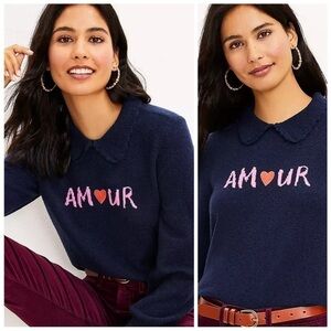 LOFT Navy Amour Peter Pan Collar Heart Sweater Sz S
